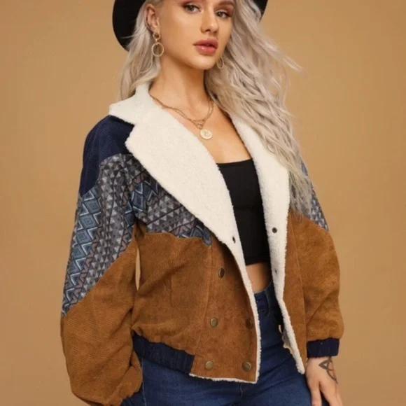 Navy Camel Corduroy shearling line tribal Button Jacket Boho Teddy - Picture 2 of 8